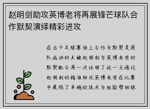 赵明剑助攻英博老将再展锋芒球队合作默契演绎精彩进攻 赵明剑助攻英博老将再展锋芒球队合作默契演绎精彩进攻